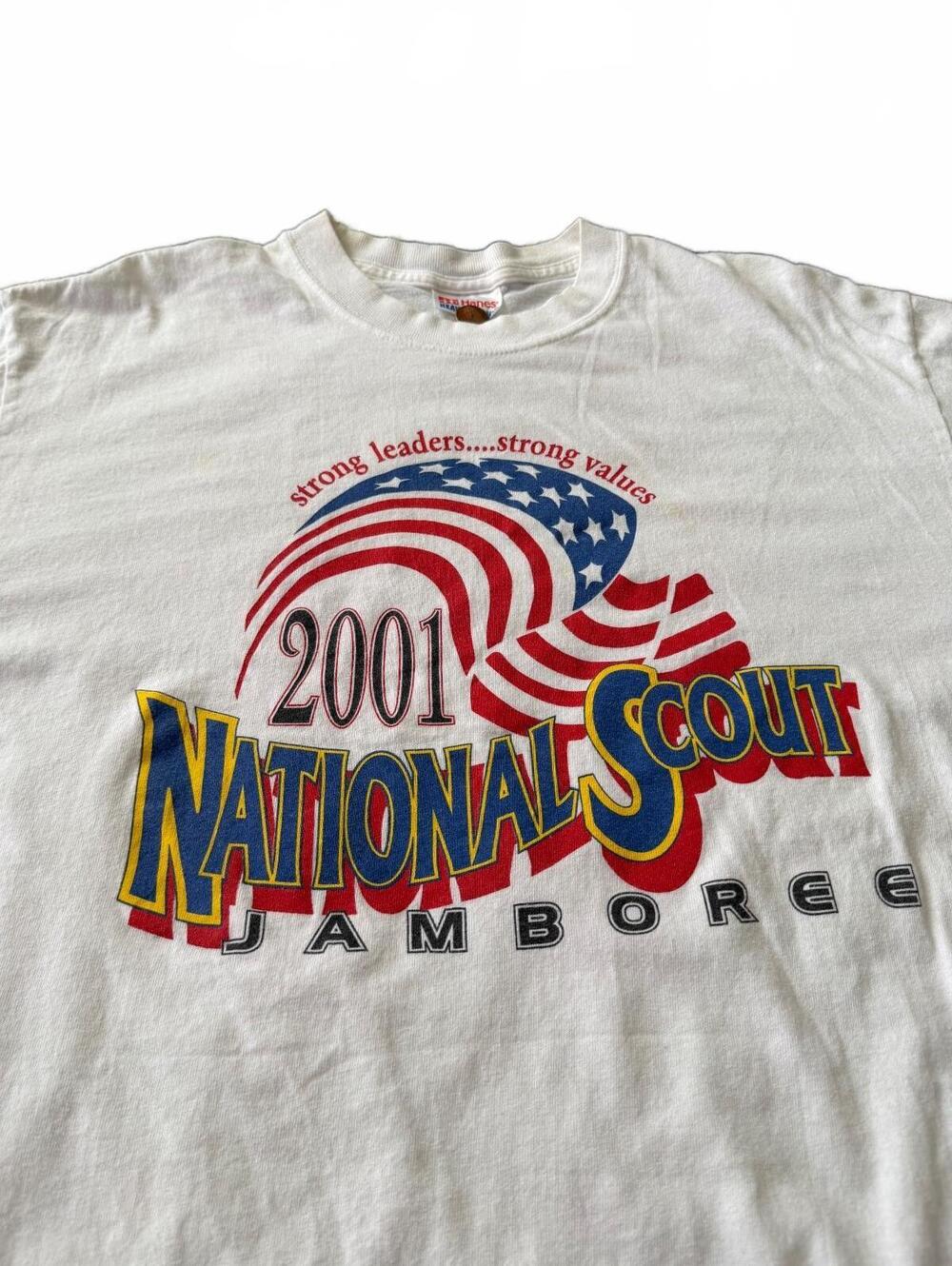 Vintage 2001 National Scout Jamboree White Graphic T-Shirt Hanes USA Flag Sz Lrg
